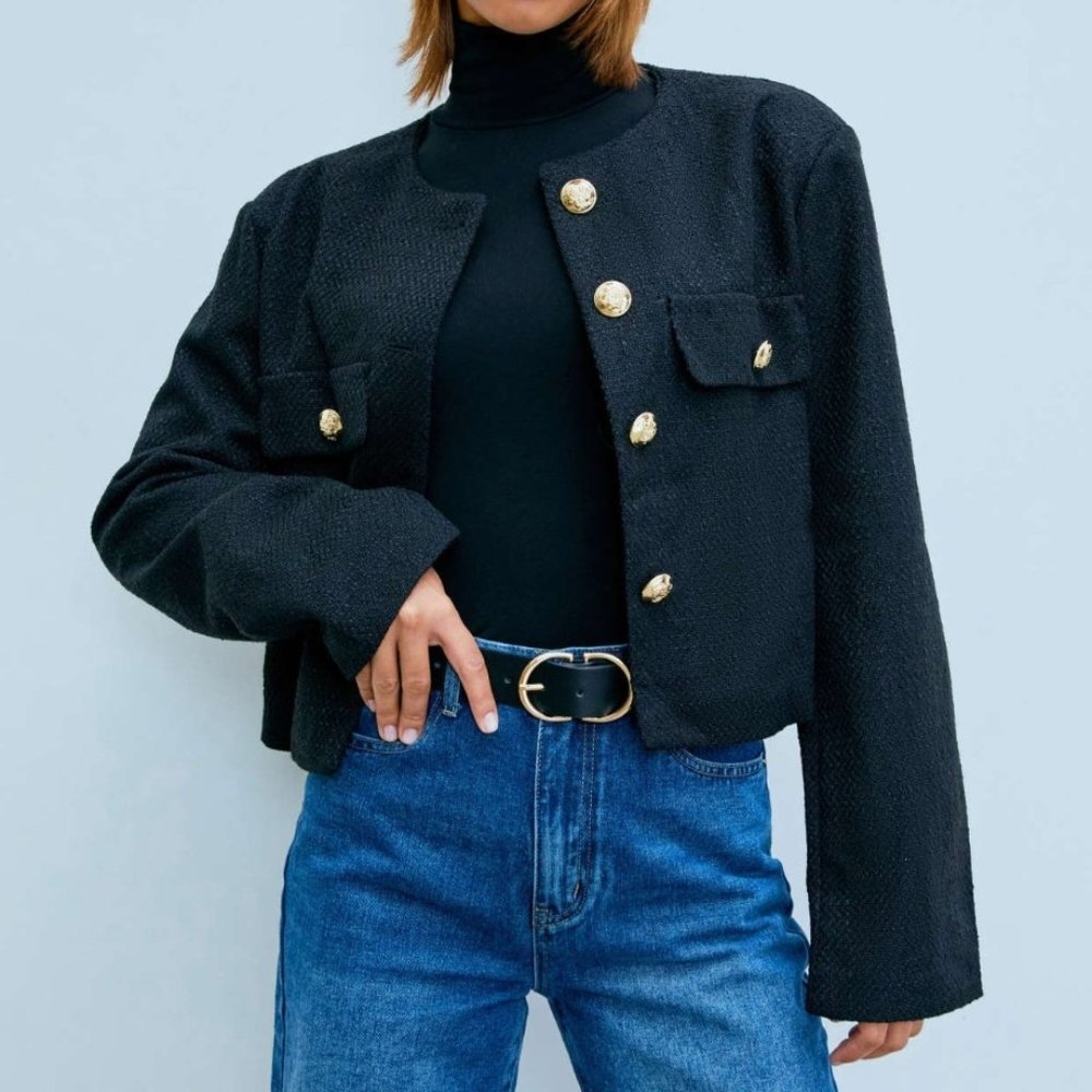 Boucle Gold Button Crew Neck Jacket, Black